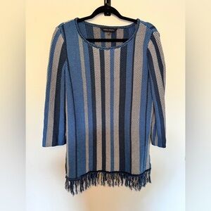 Ming Wang Womens Fringe Striped Sweater 3/4 Sleeve Size Small Blue Black EUC